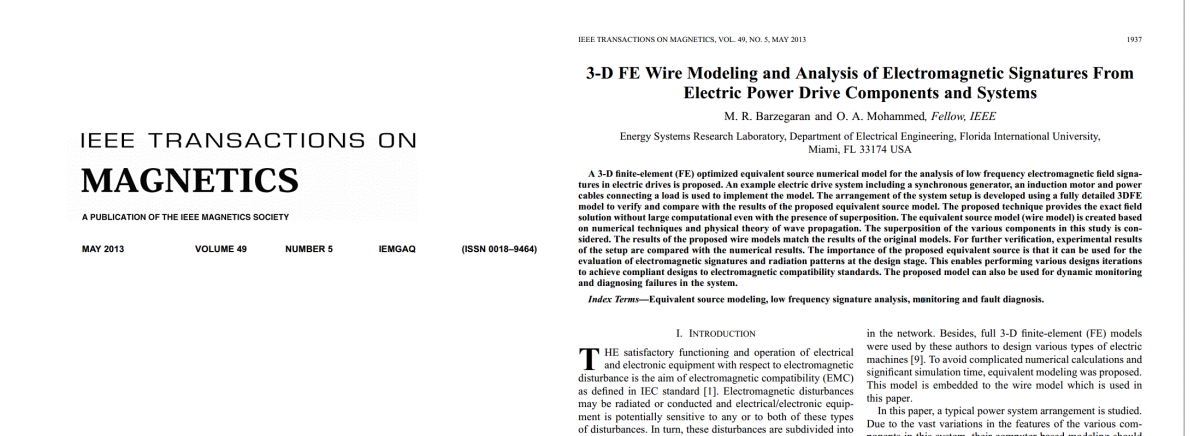 3DFE Wire Modeling and Analysis of Electromagnetic Signatures from Electric Power Drive Components and Systems