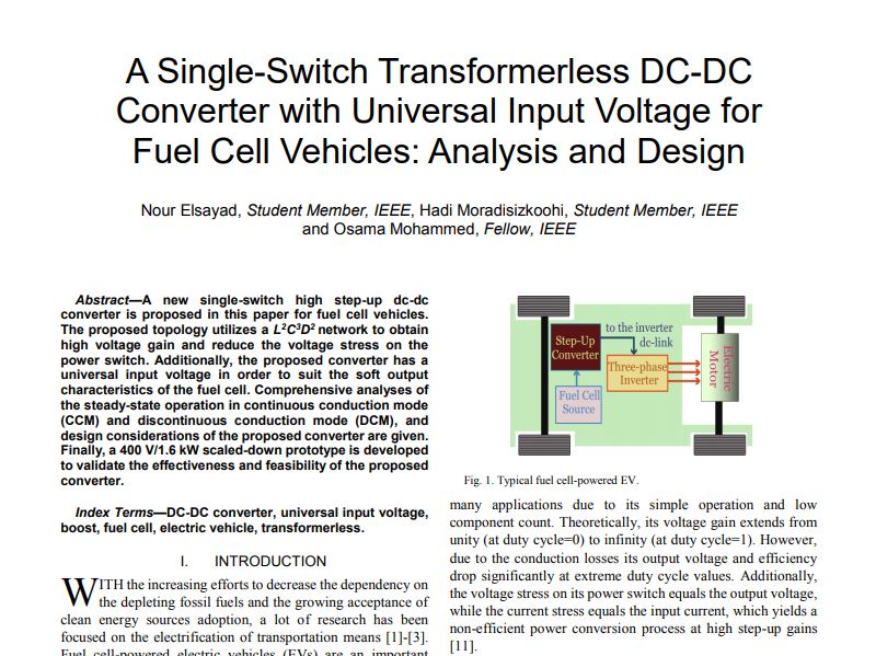 A Single-Switch Transformerless DC-DC Converter with Universal Input Voltage for Fuel Cell Vehicles: Analysis and Design