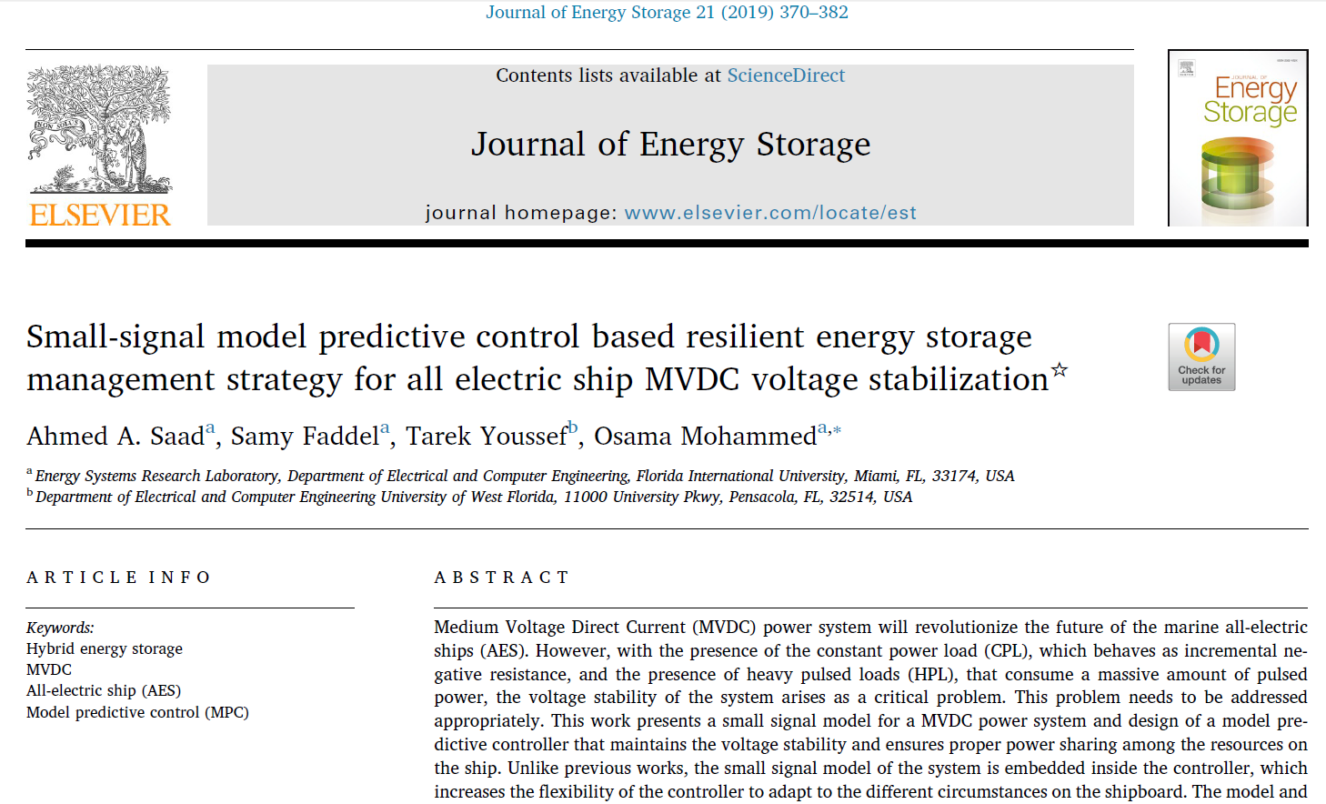 Small-signal model predictive control based resilient energy storage management strategy for all electric ship MVDC voltage stabilization