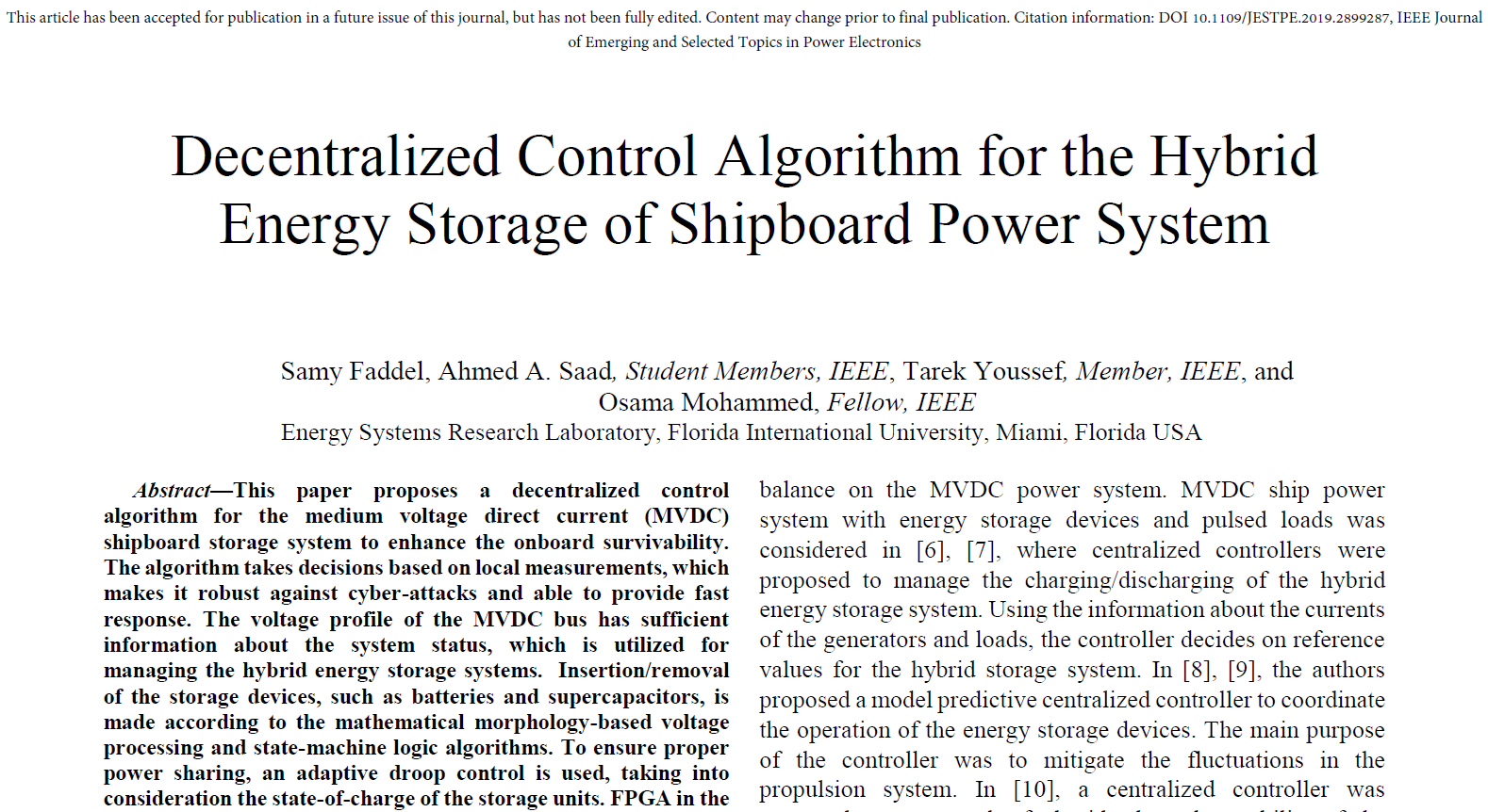 Decentralized Control Algorithm for the Hybrid Energy Storage of Shipboard Power System