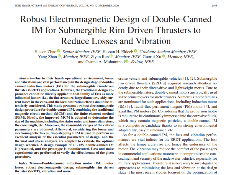Robust Electromagnetic Design of Double-Canned IM for Submergible Rim Driven Thrusters to Reduce Losses and Vibration